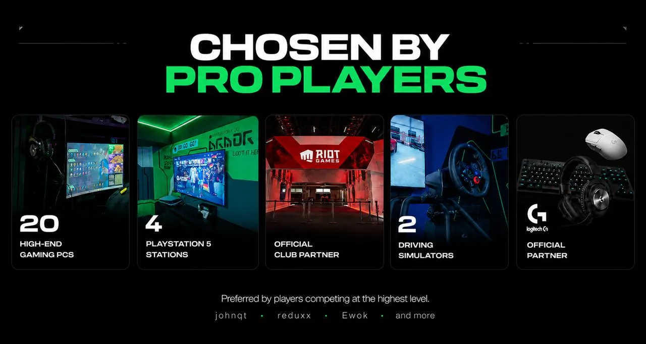 True Gamers 2 Mars, choisi par les joueurs pro — 20 PC gaming haut de gamme, 4 stations PlayStation 5, 2 simulateurs de course, avec Riot Games (partenaire officiel du club) et Logitech (partenaire officiel)