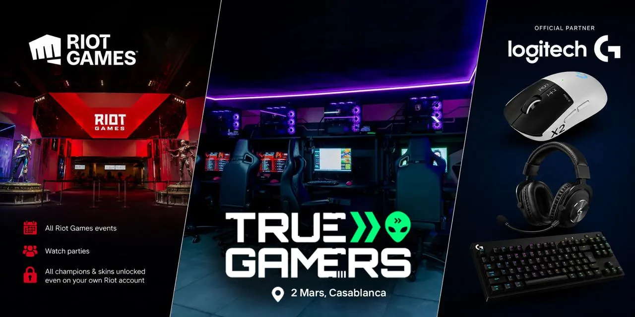 True Gamers 2 Mars, Casablanca — salle PC du club, entourée des univers Riot Games et Logitech, partenaires officiels